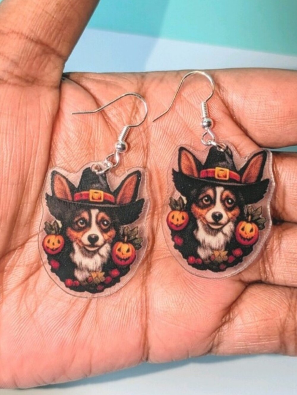 Halloween Corgi Dog Earrings - Black Hat Design